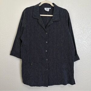 Hot Cotton Linen Blend Black White Striped Button Down Tunic Shirt, Size XL